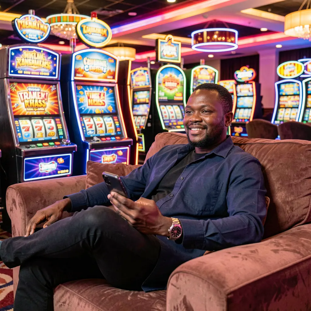 Stylish Nigerian player browsing casino games on the CU8 mobile app with glowing slot machines creating a thrilling gaming mood