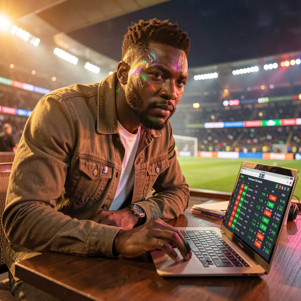 Focused Nigerian sports bettor placing live soccer bets on a laptop with CU8 while colorful stadium lights create an intense betting mood