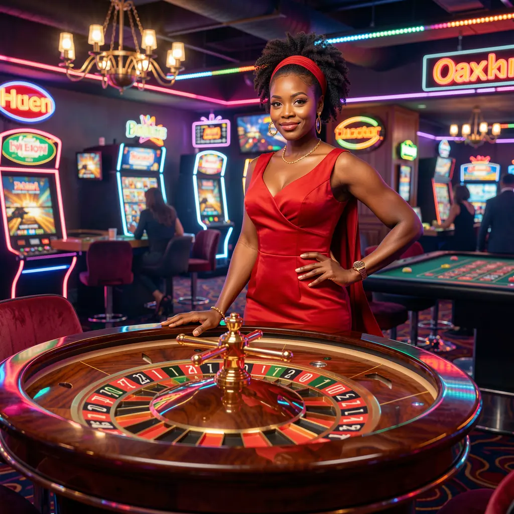 Stylish casino atmosphere with a woman in a red dress by a glowing roulette table showcasing the immersive live casino experience at CU8 for Nigerian players