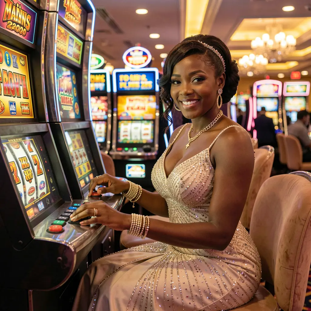 Elegant Nigerian woman in a luxurious gold dress standing near glowing slot machines at CU8 casino, capturing the premium casino atmosphere in Nigeria
